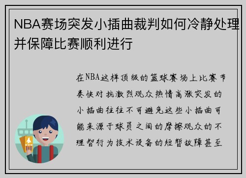 NBA赛场突发小插曲裁判如何冷静处理并保障比赛顺利进行