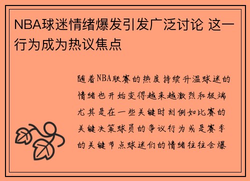 NBA球迷情绪爆发引发广泛讨论 这一行为成为热议焦点